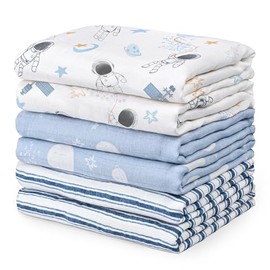 GLLQUEN - Manta receptora para bebé, manta de muselina de algodón para niño, cuadrados, transpirable y suave, delgada, para bebé, doble absorbente, paquete de 6 (astronauta azul)
