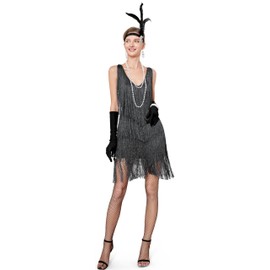 Women's 1920s Flapper Sequins Tassels Cami Sexy Cocktail Latin Dance Ballroom Dress w/ 20s Costume Accessories Set Black