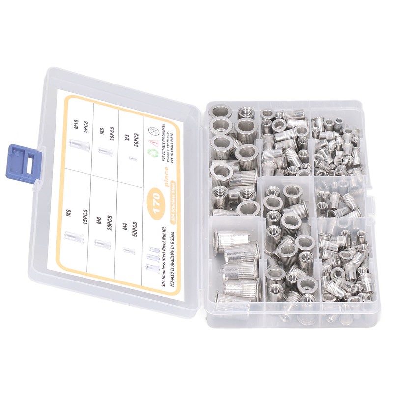 170pcs M3‑M10 304 Stainless Steel Rivet Nuts Durable Flat Head