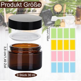 Amber Glass Empty Container, Pack of 9 Ointment Jars, 30 ml Cream Container with 2 Spatulas and Stickers, Cosmetic Containers, Cream Jars for Filling Cosmetics, Lotions, Creams