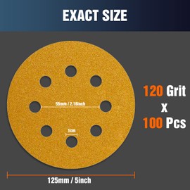 Sandpaper 125 mm Velcro Sanding Discs 120 Grit 8 Holes Pack of 100 for Random Orbital Sander Sanding Machine Polishing Machine