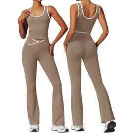 OLCHEE Womens Workout Sets 2 Piece Gym Yoga Outfits Crossover Flare Leggings Crop Tank Top with Contrast Trim - Khaki Large