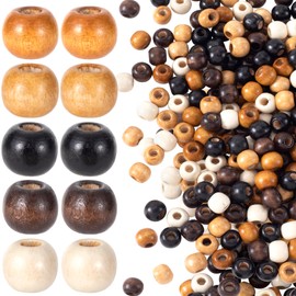Pndeyo 250pcs Large Hole Wooden Beads for Crafts, Vintage Round Natural Wood Hair Bead, 5 Colors 9X10mm Wooden Loose Spacer for Macrame Necklace Bracelet Hair DIY Craft Handmade Decor