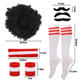 JNAWA 5 PCS Marathon Costume Accessories Set Red Striped Socks Wristband Headband Black Wig and Beard for Men Women Costume Accessory Dressing up Party