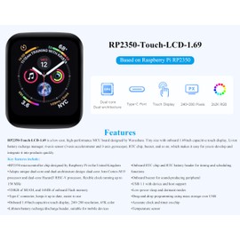 RP2350 Microcontroller Development Board with 1.69inch Touch LCD 240×280 Pixel, Rounded Corners, Dual-Core & Dual-Architecture Design, 16MB Flash, Accelerometer and Gyroscope Sensor,USB Type-C Port