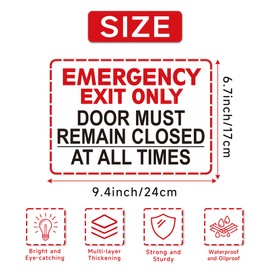 Emergency Exit Only Signs Sticker，Self Adhesive UV, Weather, Scratch, Water & Fade Resistant Door Must Remain Closed At All Times sign for Business, Schools, Offices, Storage Rooms, Hospitals