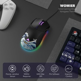 Womier Wired Gaming Mouse,Black RGB Anime Mouse w/Ergonomic Computer 12000DPI/6 Programmable Buttons Programmable Buttons for Laptop PC Mac Windows (G705 V2 Kanagawa)