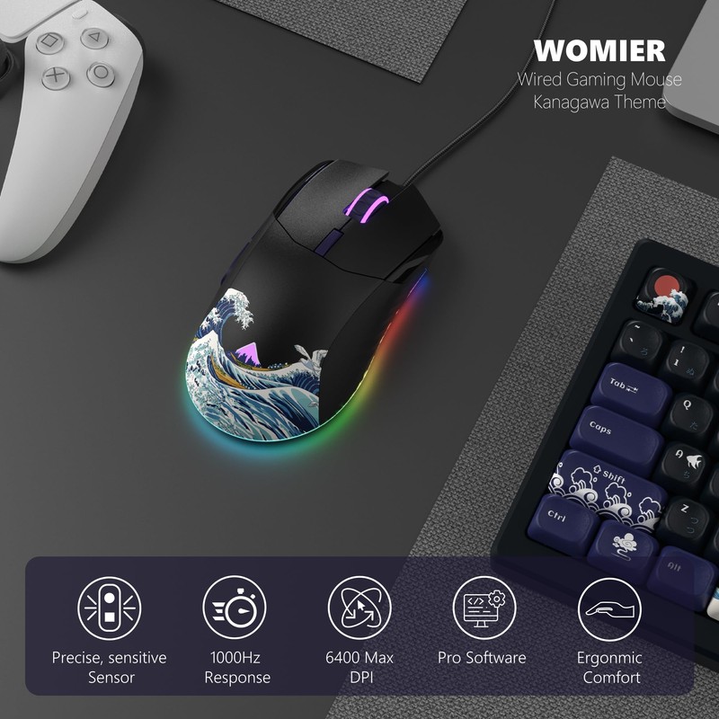 Womier Wired Gaming Mouse,Black RGB Anime Mouse w/Ergonomic Computer 12000DPI/6