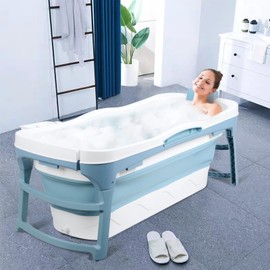 Worparsen 56“ Foldable Bathtub, Portable Bathtub for Adult Kids, Large Collapsible Tub, Freestanding Surround Collapsible Bathtub, Effortless Folding Bathtub, Hot Bath, Ice Bath (Blue) Blue