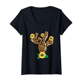 Womens Women Vintage Leopard Print Cactus Floral Design V-Neck T-Shirt