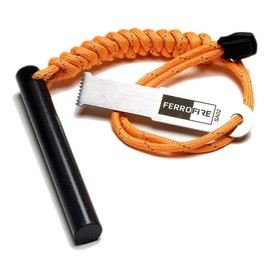FERROFIRE FS124 Heavy-Duty Camping Fire Starter, 1/2 Inch Thick 4 Inch Long Drilled Ferro Rod, Reflective 550 Paracord Lanyard, Carbon Alloy Steel Striker for Survival Emergency Bushcraft
