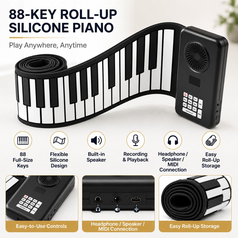 88-Key Roll Up Piano Keyboard for Home Practice – Portable