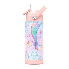 Girls Water Bottle with Straw,18 oz Kids Insulated Cups with Stainless Steel Leak Proof for School,Sport&Travel（Mermaid）