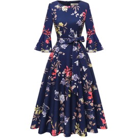 Vintage 3/4 Sleeve Floral Dresses for Women Midi 2025 Wedding Guest Fit and Flare Long Sleeve for Fall Tea Party Formal Dress Navy-Flower M