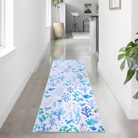 Carvapet 2x8ft Blue Coral Runner Rug – Modern Floral Low Pile Carpet for Hallway Laundry Bedroom, Non Slip Foldable Machine Washable Long Area Rug