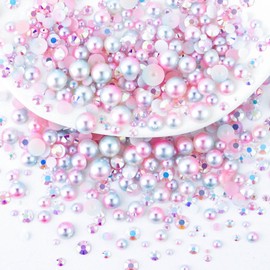 Towenm 60g Mix Flatback Pearls and Rhinestones, 2mm-10mm Jelly Rhinestones and Half Pearls for Tumblers Shoes Nails Face Art, Pearl Rhinestone Mix for Bedazzling, White|Pinks