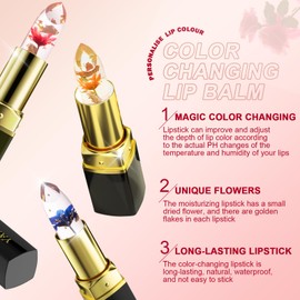 Desing Wish Set of 3 Lipstick Set Flowers Temperature Sensitive Colour-Changing Pink Magic Lip Colour Changing Lipstick Crystal Jelly Flower Colour Changing Lipstick Lip Balm Girls Gift