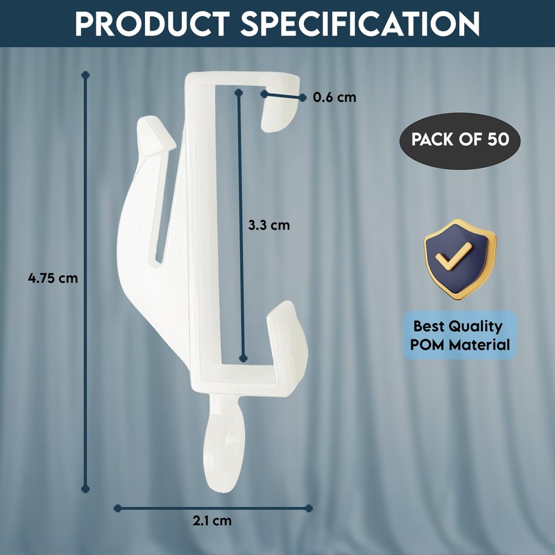 Yuhman 50 pack Glider Curtain hooks - Plastic White- 4.7cm