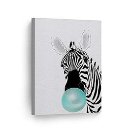 Smile Art Design Zebra Animal Bubble Gum Art Teal Blue Chewing Gum Canvas Print Black and White Wall Art Home Decoration Pop Art Living Room Kids Room Decor Nursery Ready to Hang Made in USA 12x8