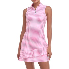 Tennis Dress for Women Sleeveless Stand Collar Golf Dresses with Pockets Inner Shorts Sun Protection Quick Dry Outdoor Athletic Outfits, Houndstooth-L