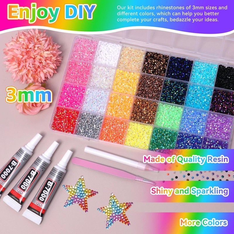 32000 Pcs Rhinestones Bedazzling Kit, 3mm Flatback Resin Gems for