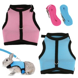 Rabbit Harness and Leash Set, Bunny Escape Proof Clothes, Soft Breathable Adjustable Buckle for Rabbits Kittens Ferrets Guinea Pig and Puppies for Walking (2pcs, Pink, Blue)