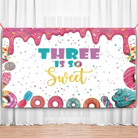 Donut Sweet Three Birthday Party Decoration for Girls Donut Sweet 3rd Birthday Party Banner Donut Sweet Birthday Party Backdrop Background Happy 3rd Birthday Party Decoration Photo Baby Shower(Three)
