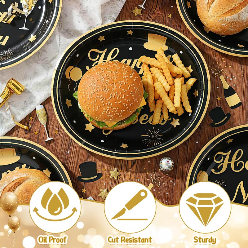 100 Pcs Happy New Year Paper Plates Oval,Black Gold,10.6"x12.6"