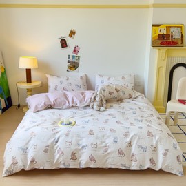 LIWHENHAO Cat Duvet Cover Set Queen 100% Cotton Bedding Cartoon Brown Gray Pink Pet Cats on White 1 Cute Kawaii Animal Comforter Cover Full 2 Pillowcases for Kids Girls Boys Woman