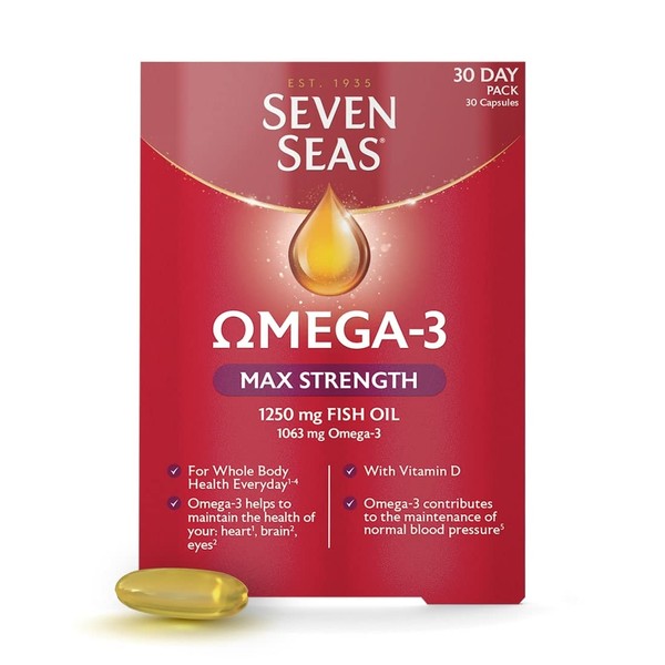 Seven Seas Omega-3 Fish Oil Max Strength, 1250 mg Fish Oil, 1063 mg Omega-3, 250 mg EPA & DHA & Vitamin D, 30 Capsules
