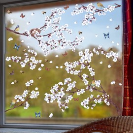ANHUIB Spring Decorative Window Sticker, Window Sticker Flowers White, Birds Window Sticker, Butterfly Living Room, Wall Sticker Flowers Children's Room, Plant Wall Sticker, Flowers Window Picture