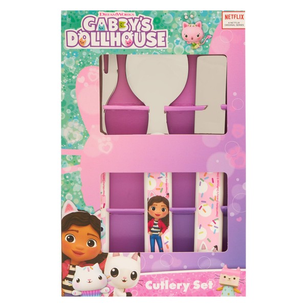Gabby's Dollhouse 3 Piece Cutlery Set – Metal, Reusable Children's Knife, Fork & Spoon, Kids-Size, Made from Food-Safe Stainless Steel & ABS Plastic – Gabby. Mercat, Pandy Paws – for 12 Months & Up