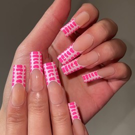 BABALAL French Tip Press on Nails Pink Fake Nails Square False Nails Squoval Nails Glossy Nails Long Nails for Women and Girls
