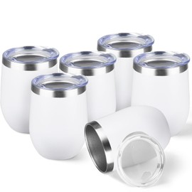 StarSpeed 12oz/6 Pack Wine Tumbler with lid, Stainless Steel Travel Mugs Stemless Double Wall Insulated Coffee Cup, Insulated Wine Glasses Travel Tumbler for Cold & Hot Drinks(White, 6)