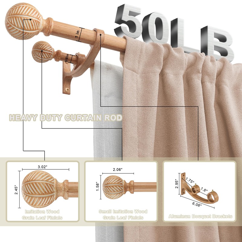 Mayrhyme Wood Double Curtain Rods Set for Windows 36 to