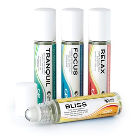 Grand Parfums Essential Oil Blend Group (Tranquil, Relax, Focus and Bliss) Roll Ons for Tranquility, Happiness and to Help with Concentration and Work - 100% Pure, Therapeutic Grade, High Potency