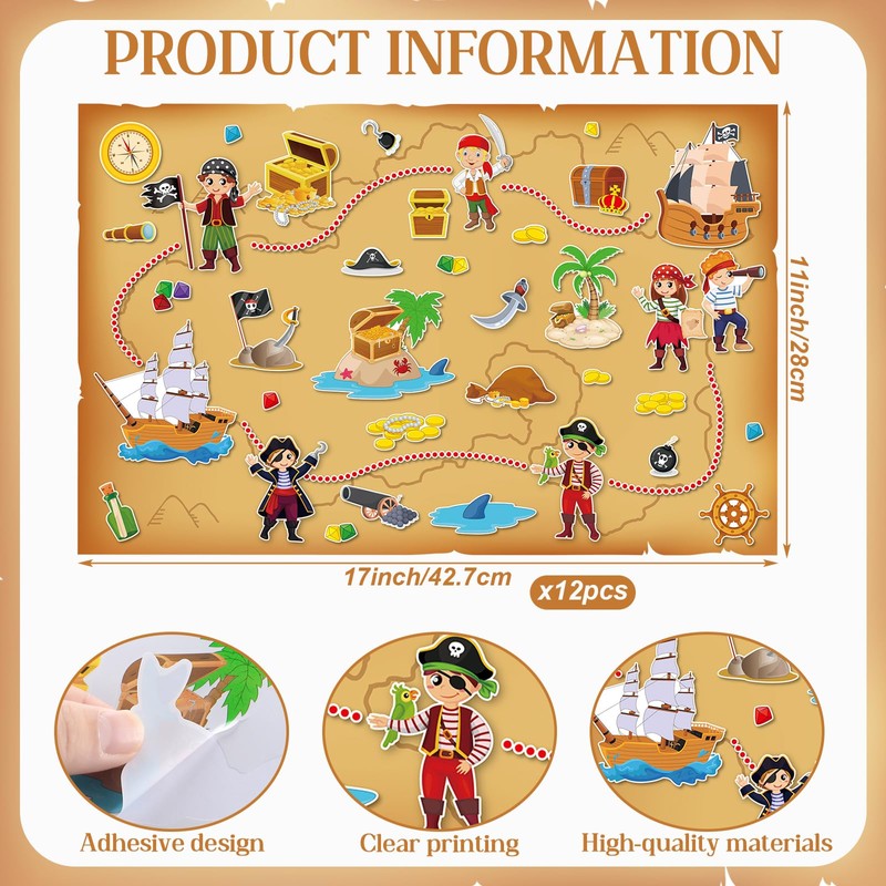 Kosiz 12 Pcs Giant Treasure Island Map Sticker Scenes Include