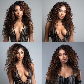 Ombre Brown Highlight Deep Curly Bundles P4/30 Human Hair Bundles Highlight Brown Deep Wave Bundles Brazilian Remy Hair Double Weft Soft And Silky Human Hair Extensions (24 26 28 Inch 3 Bundles)