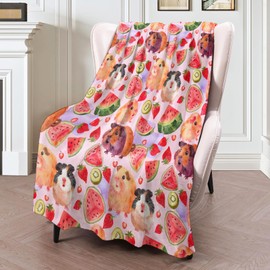 ICAAV Guinea Pig Fruit Flannel Blanket 50x60in,Cute Cartoon Animal with Watermelon,Kiwi and Strawberry,Soft Lightweight Throw for Kids,Girls,Pet Lovers,Summer Decor,Gifts Blankets