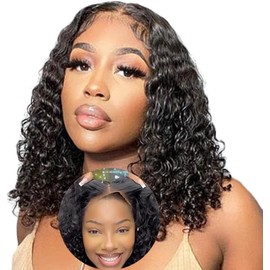 Wigs for Women Human Hair Pre Plucked Deep Wave 4x4 Lace Closure Wigs Deep Curly Bob Wig Human Hair Wigs with Baby Hair Wear and Go Glueless Wigs for Black Women 8 Inch Natural Black