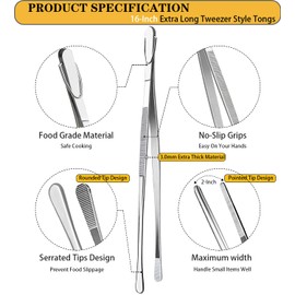 JETKONG 2 Pcs 16-Inch Kitchen Tweezers Extra Long Tweezer Tongs, Heavy Duty Stainless Steel Cooking Tweezers (Silver)