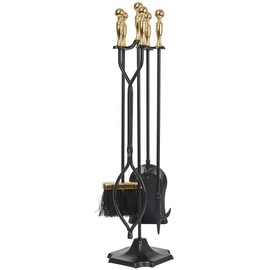 AMAGABELI GARDEN & HOME Fireplace Tools Set 5 Pieces Log Gold Handle Wrought Iron Fire Set with Stand Holder Fireset Fire Pit Indoor Outdoor Tongs Shovel Brush Poker Wood Stove Hearth Accessories