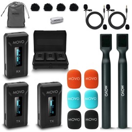 Movo WMX-2-DUO Dual Microphone Compact Wireless System with Handheld Extension Mounts - Mini Wireless Lavalier Microphones for Cameras with Mic Handles for Reporting, Interviews and More
