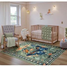 Morebes 5x7 Washable Area Rug, Boho Sage Green Rug Non-Slip, Soft Floral Kids Rugs for Playroom Vintage Butterfly Throw Rug for Living Room Home Office Décor Rv Foyer Entryway Bathroom