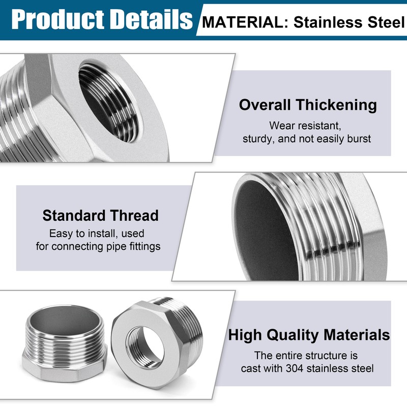 Reducer with Hexagonal 304 Stainless Steel, AG 1-1/2 Inch x