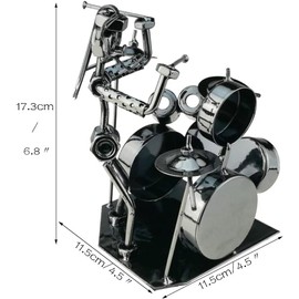 Creative Musician Drummer Model,Rock Music Band Drum Instrumental Performer Metal Sculpture Figurine Collection Shelf Iron Art Handcraft Ornaments Statue Gift for Birthday Home Decor (44-991)