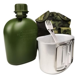 Hsthe Sea Set for Army Water Bottle Military Water Canteen Camping Canteen Kit with 1L Water Bottle Foldable Aluminum Military Canteen with Handle Storage Bag