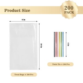 Slomg 200 Pack Plastic Clear Cellophane Bags, 10 x 6 In Transparent Goodie Treat Bags with Twist Ties for Birthday Party Favor, Resealable Gift Packing Bags for Candy Cookie Popcorn Bakery Wrapping