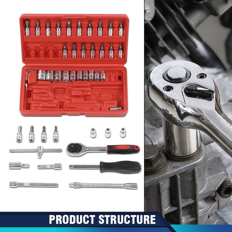 PIT66 46Pcs Set 1/4" Ratchet Wrench Combination Socket Tool Set
