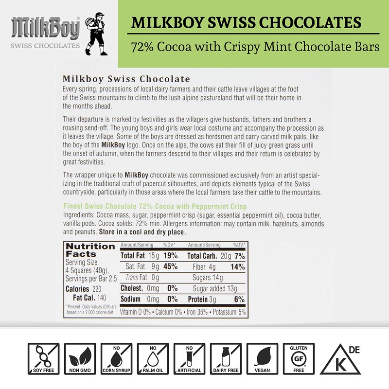Milkboy Swiss Chocolates - 72% Cocoa with Crispy Mint Chocolate